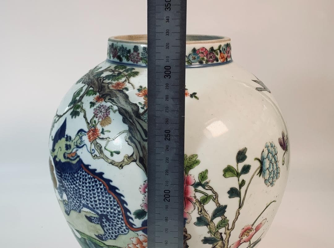 民国前期 景徳鎮 粉彩五彩 将軍罐 大型 有蓋壺／鳳凰・麒麟・花鳥図 約43cm