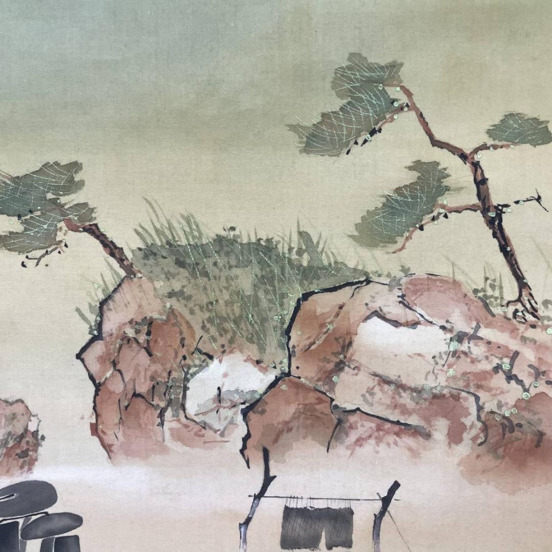 真作/魚水/もやい舟/人物/舟/布袋屋掛軸A-256