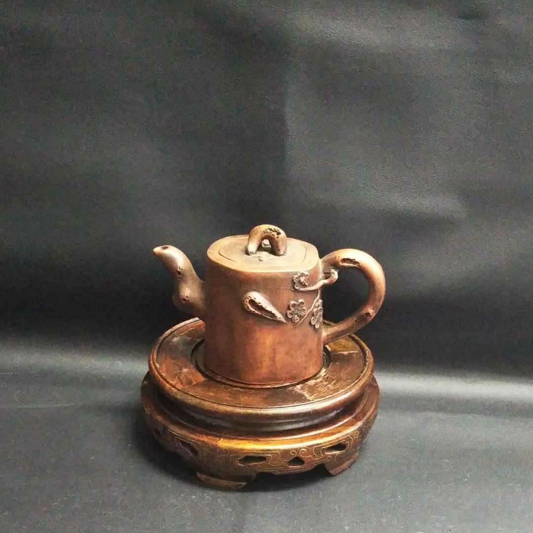 ※中国古美術/朱泥紫砂梅花紋茶壺/(底款:不明)