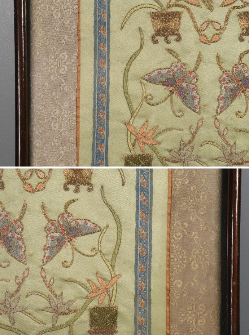 【珍】　★ 額装 博古花蝶図繍片 ★　民国時期　刺繍 博古紋 花蝶紋　民間織繍