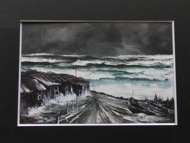 髙野元孝、【北の漁村】、希少な大判額装用画集より、美品、日本人画家