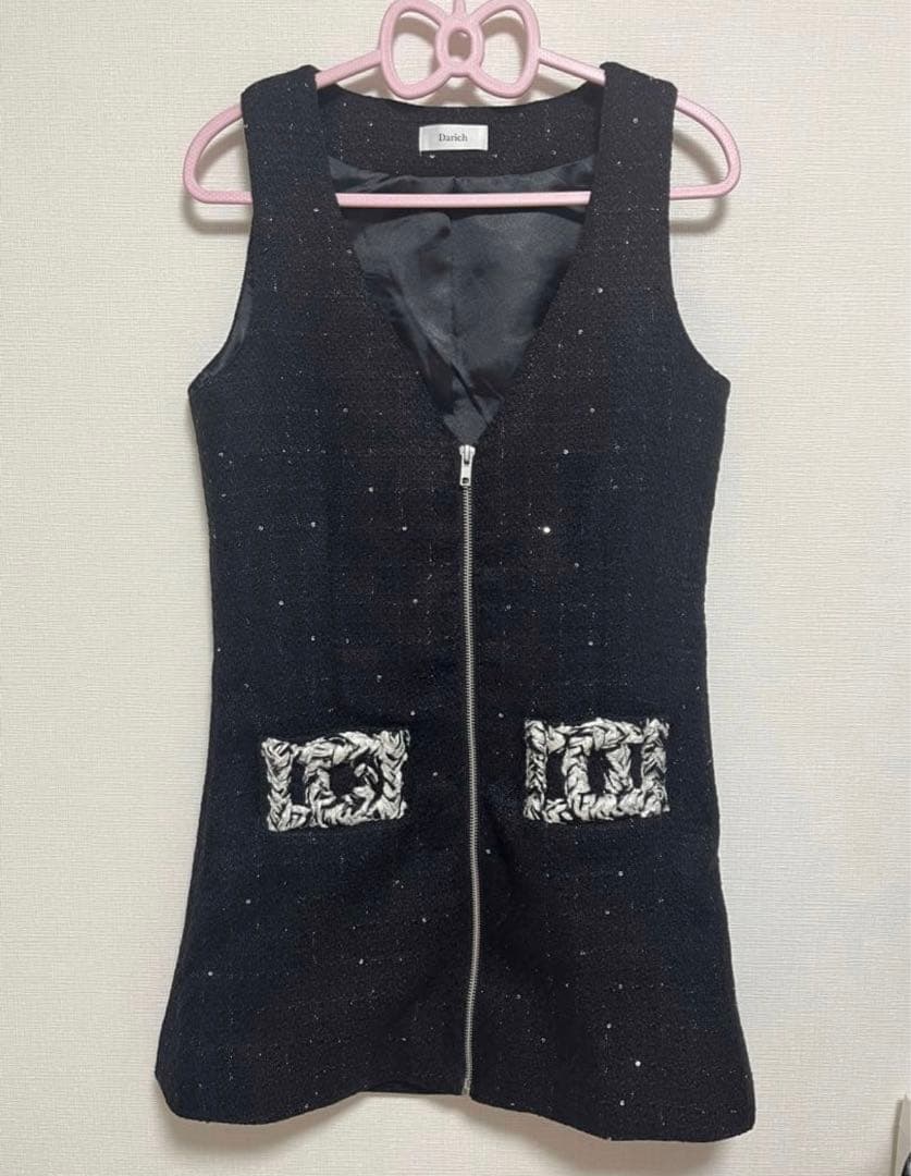 新品ダーリッチ フロントファスナーツイードミニワンピース　ブラック　フリー