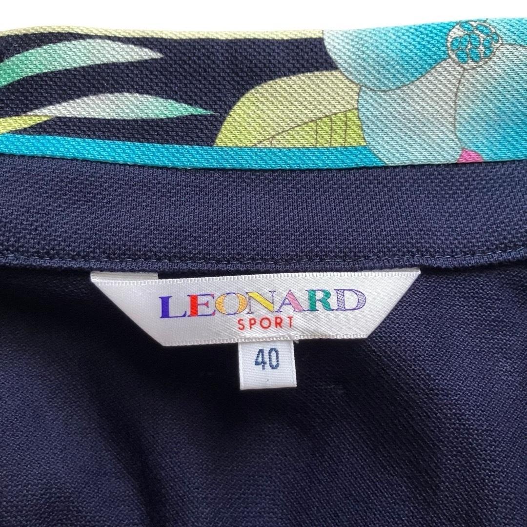 美品 レオナール ジップアップ ノースリーブワンピース トリム ネイビー 40