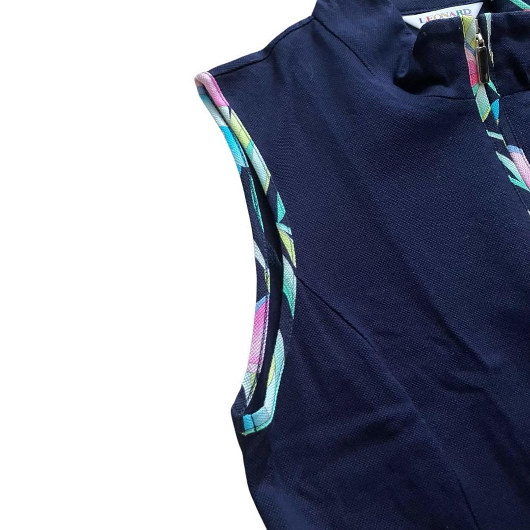 美品 レオナール ジップアップ ノースリーブワンピース トリム ネイビー 40