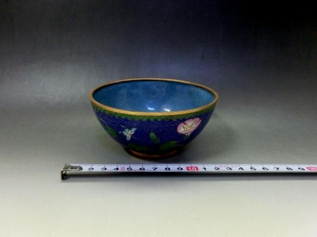 茶碗■銅胎有線七宝 藍地 七宝 朝顔 蝶紋 青 碗 ぐい呑み 古玩唐物 骨董品■