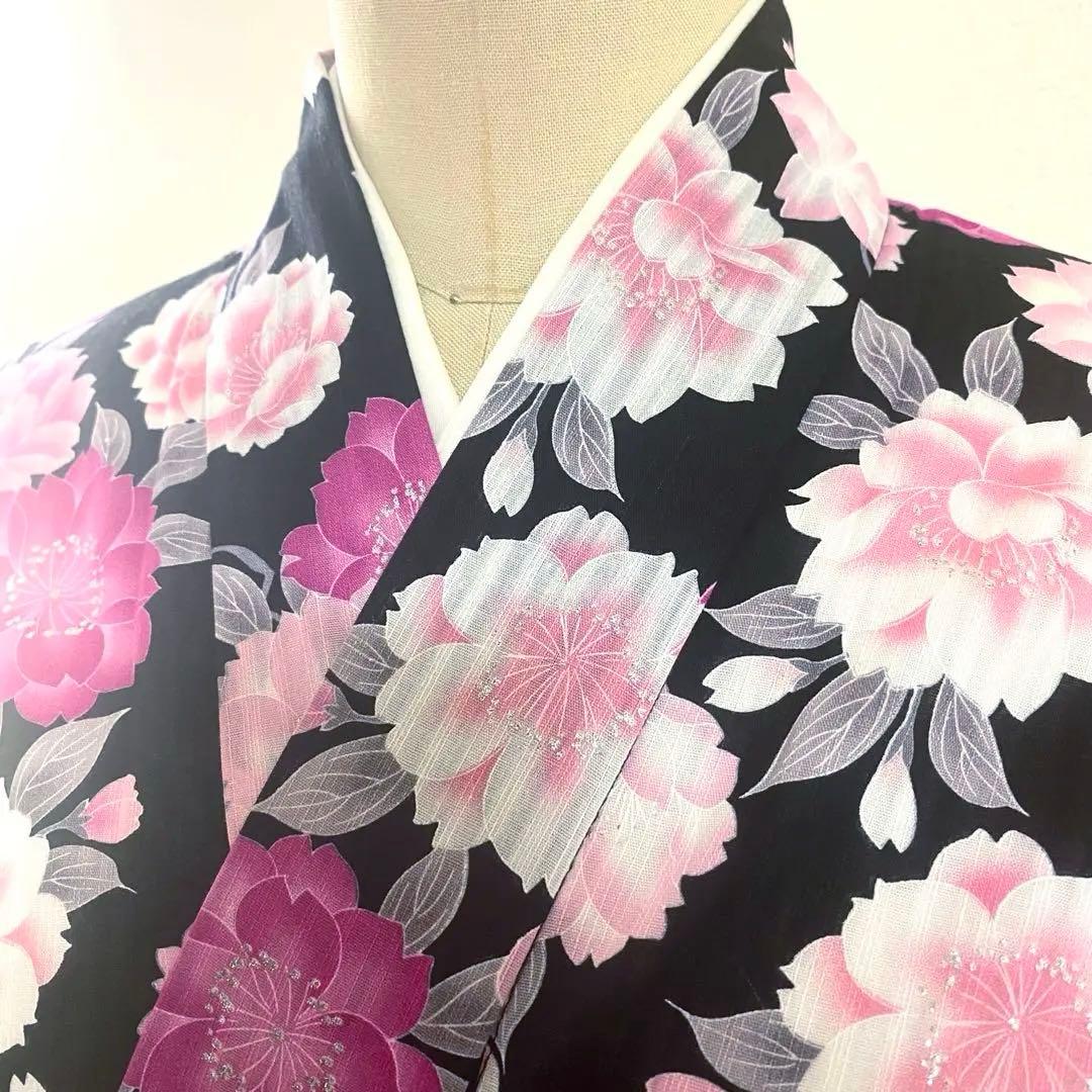 5k1818 浴衣　綿　単衣　黒　赤　ピンク　白　花柄　和装　着物