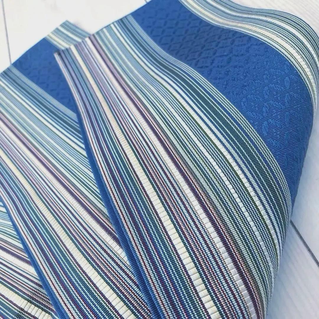 flower 博多織　半幅帯　ブルーグレー　縞模様の織り出No.77-22