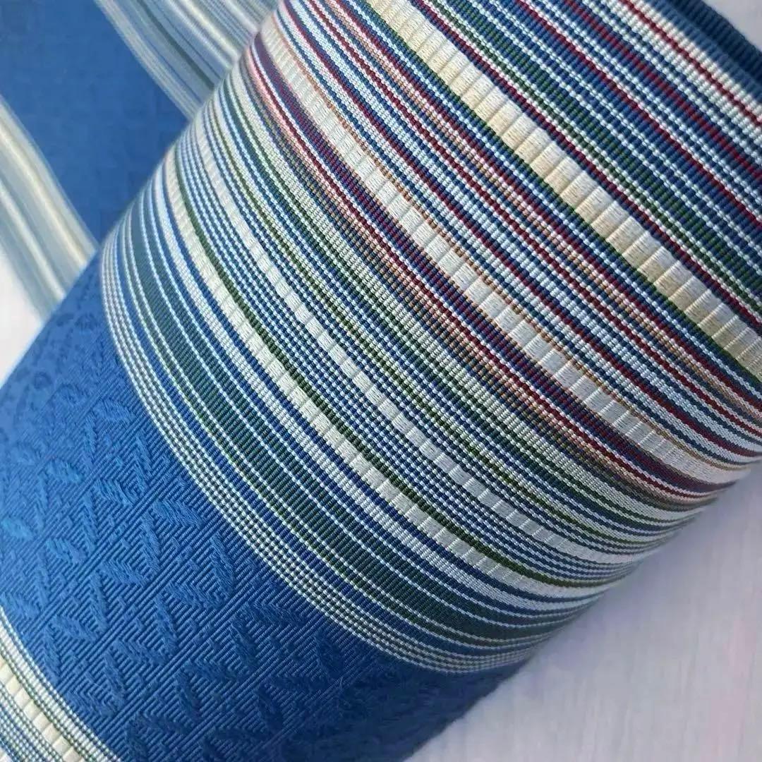 flower 博多織　半幅帯　ブルーグレー　縞模様の織り出No.77-22