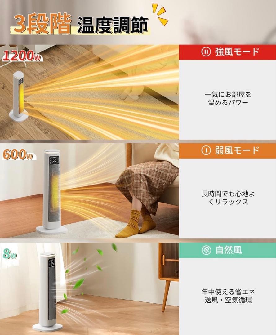 セラミックヒーター【1秒速暖・ECO恒温省エネ節電対策】大風量 3段階温度調整