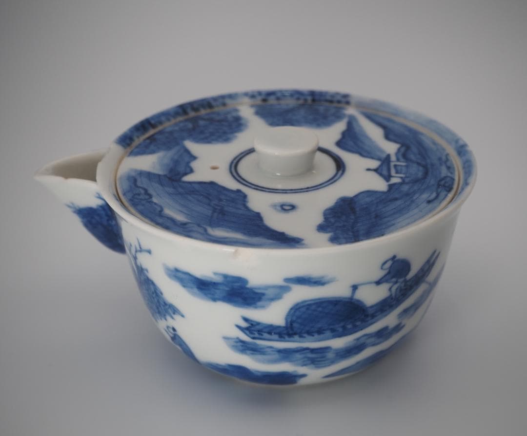 京焼 清風与平作 青華 山水風景人物図 宝瓶 泡瓶 共箱