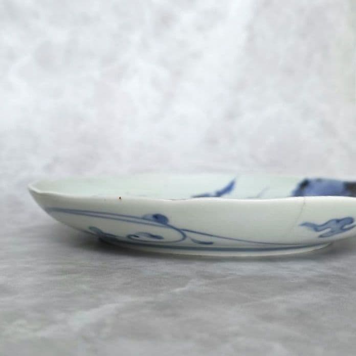 古伊万里　染付　古印判　六寸皿　江戸時代　型紙摺印判　金直し　金継ぎ　骨董