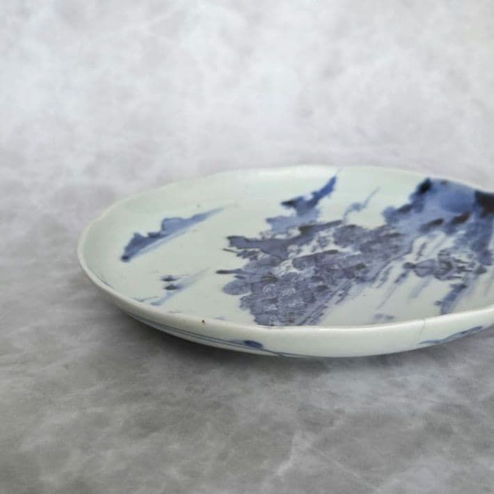 古伊万里　染付　古印判　六寸皿　江戸時代　型紙摺印判　金直し　金継ぎ　骨董