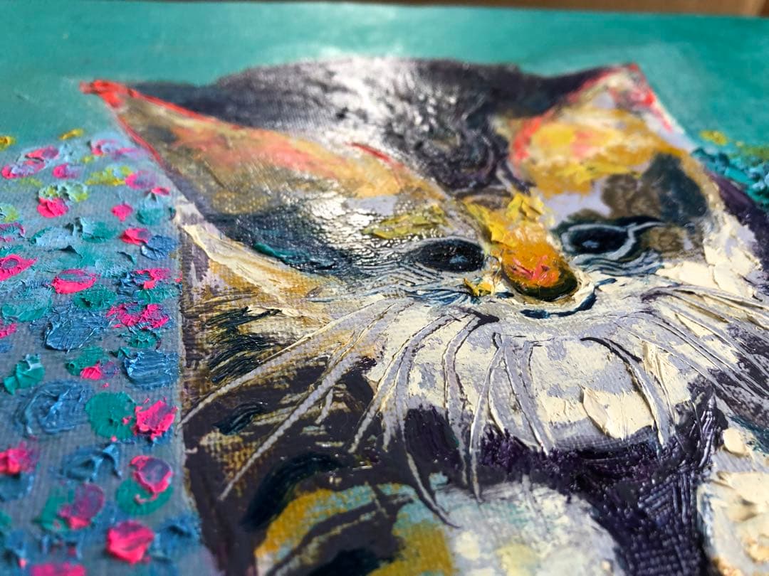 関口すすむ　油絵　猫　ねこ、おや何かいるぞ　F4号