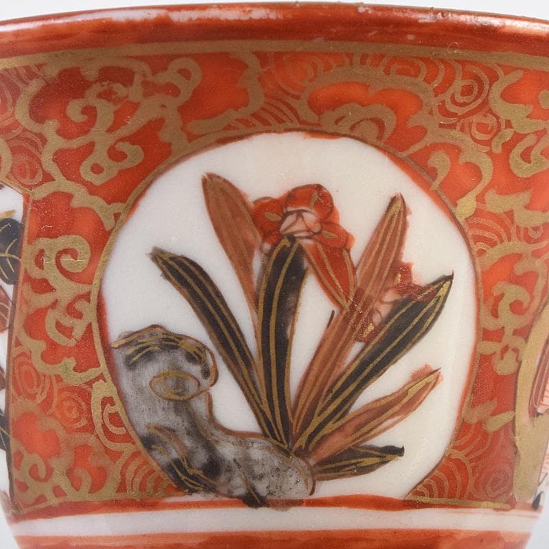 九谷焼　古九谷　赤絵金彩　人物花文　煎茶碗　五客　時代箱付　U　R9306