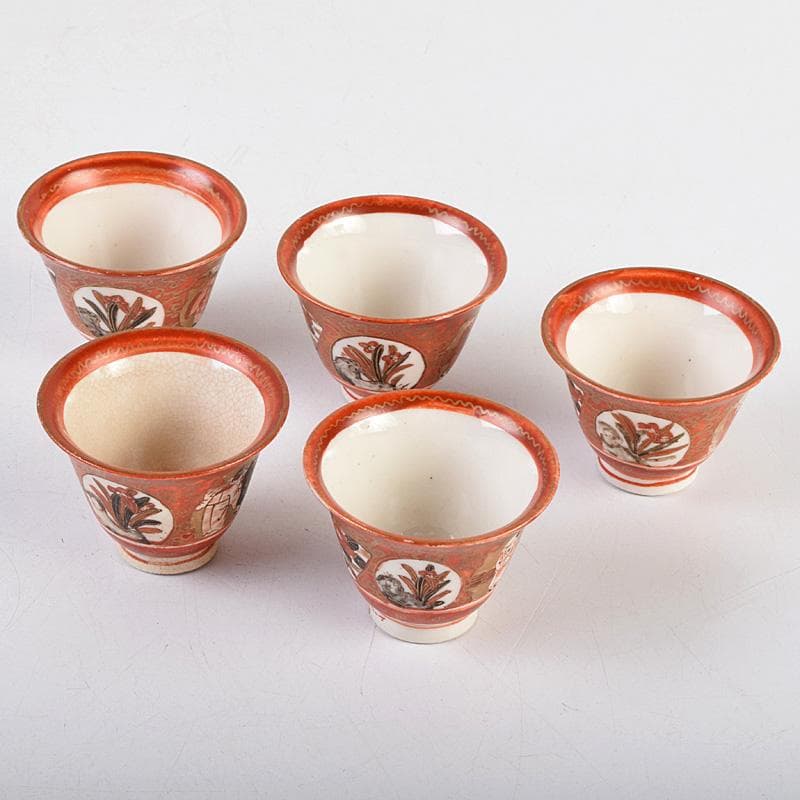 九谷焼　古九谷　赤絵金彩　人物花文　煎茶碗　五客　時代箱付　U　R9306