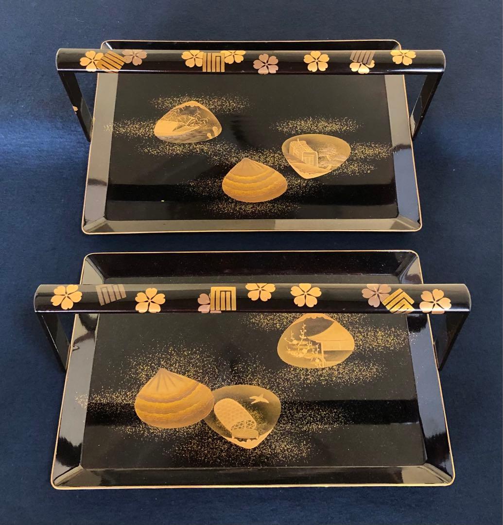 《R》黒塗縁金 梨地 源氏香貝蒔絵 手付盆 大小 入れ子 251225か3