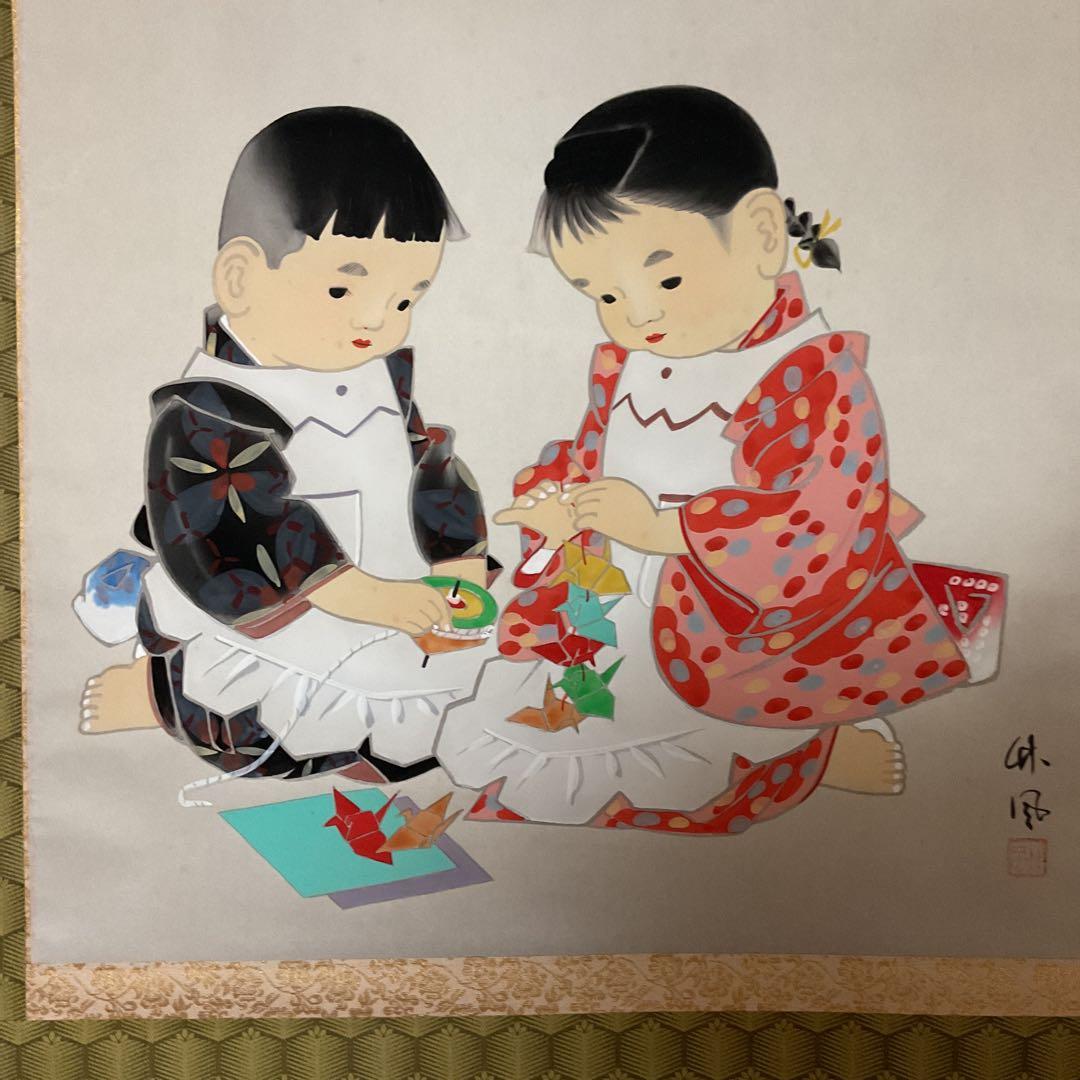 竹 風 筆 【 子供図 】 絹本彩色 共箱に清堂極め記載有り 軸先木