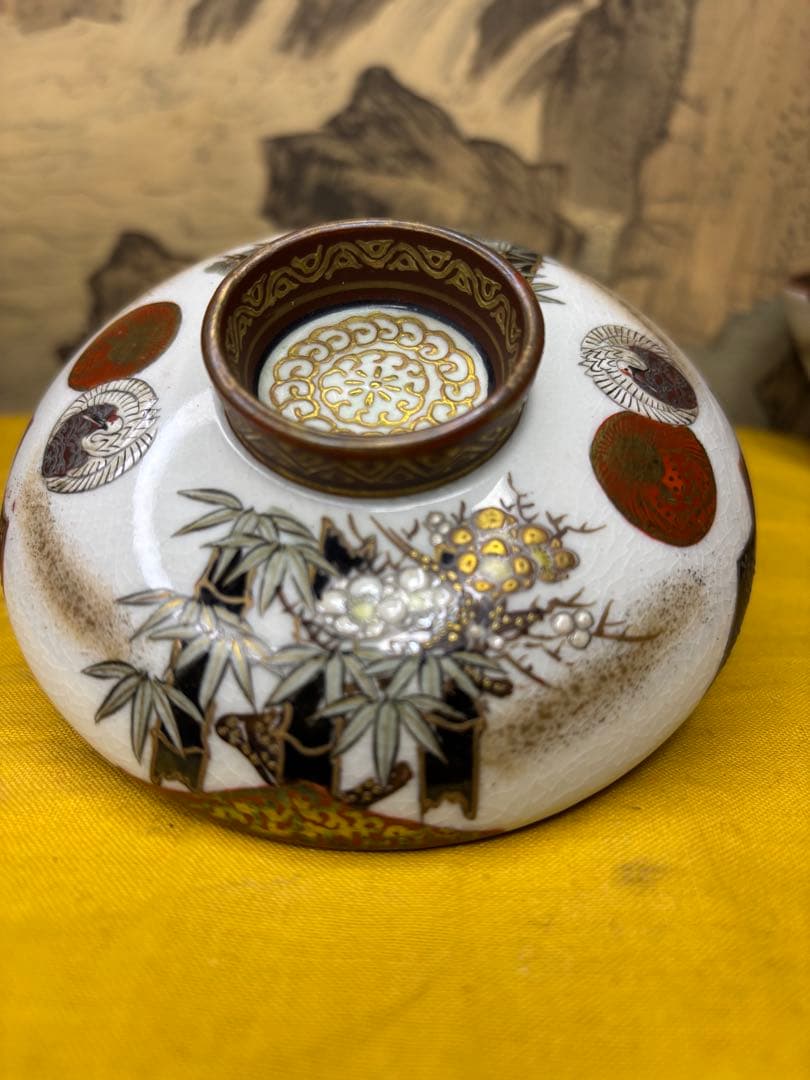 九谷製　お椀　五客　浮彫　［鶴　松　梅]