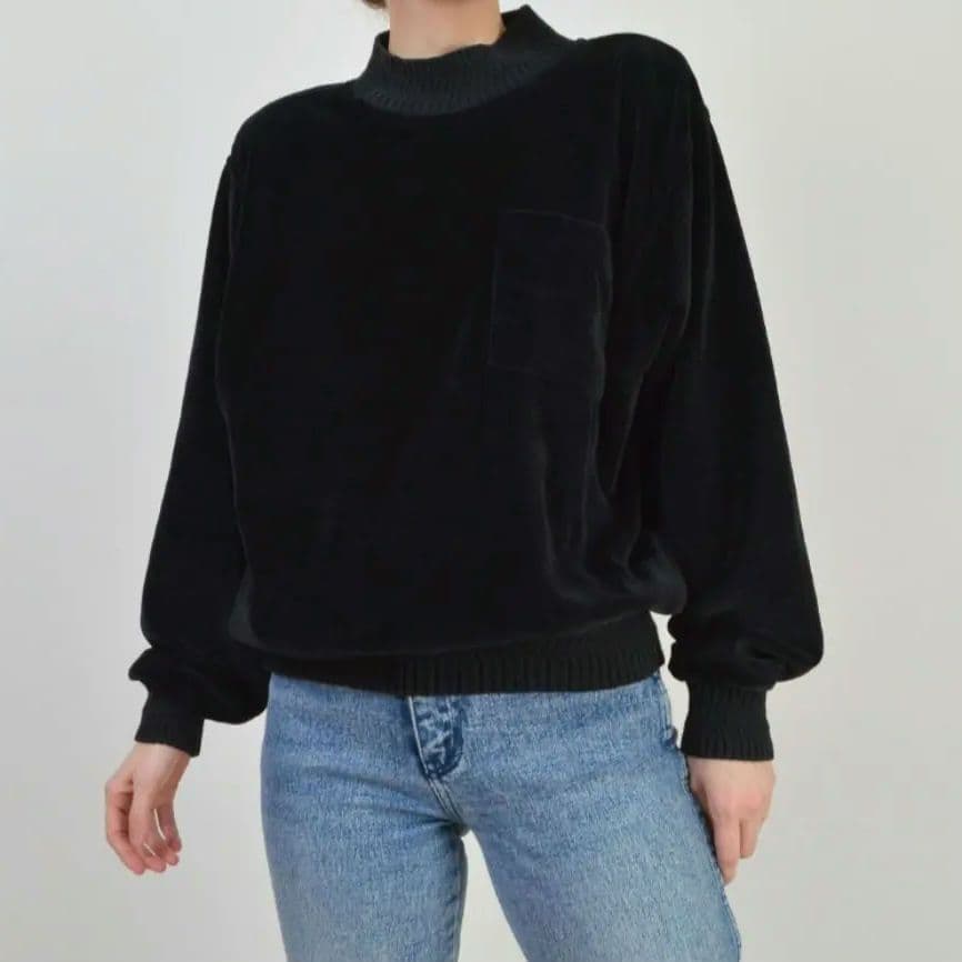 ヴィンテージ ブラック ベロア スウェットシャツ モックネック トップ