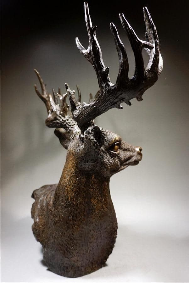 細工銅製 大迫力鹿首造像角高彫 開運置物 上質