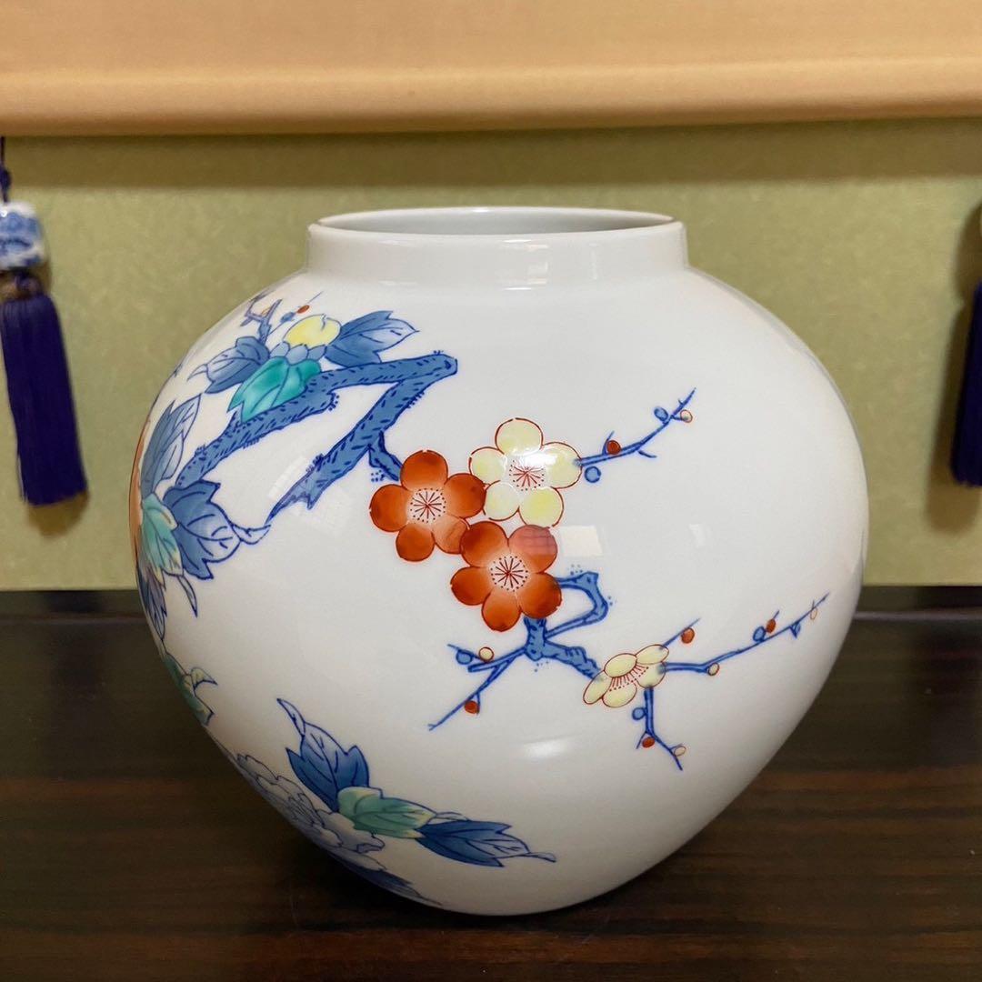 【有田焼 鍋島焼 梅牡丹 和泉作】アンティーク 新品 花器 壺 床の間