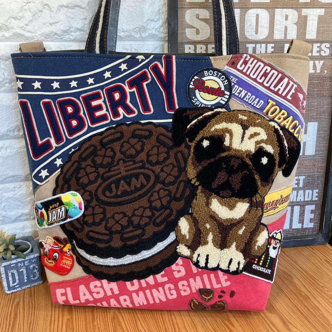 専用です。ハンドメイドバックデニムリメイクパッチワーククッキー＆パグちゃんトート