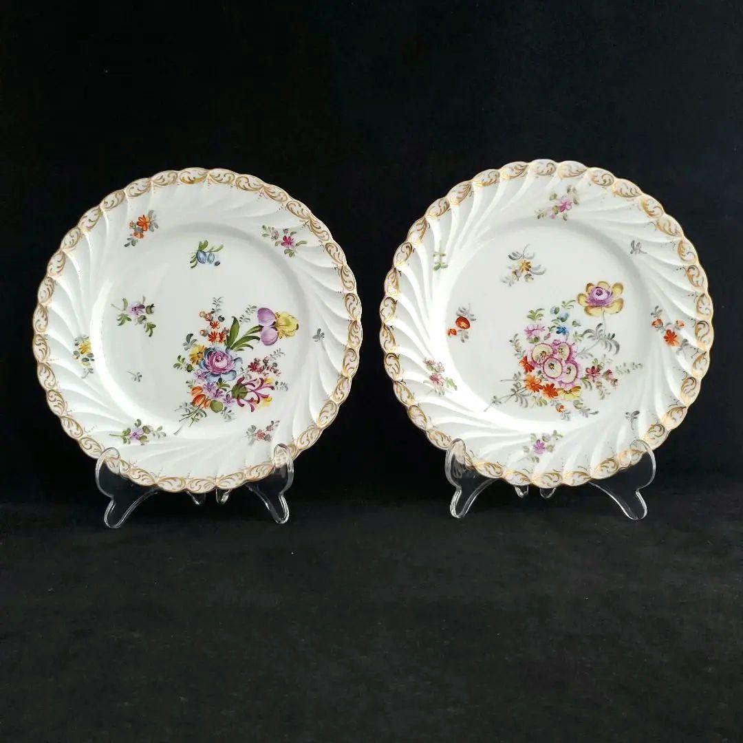 19世紀 ドレスデン(独)手描きの絵皿 2枚組 19cm