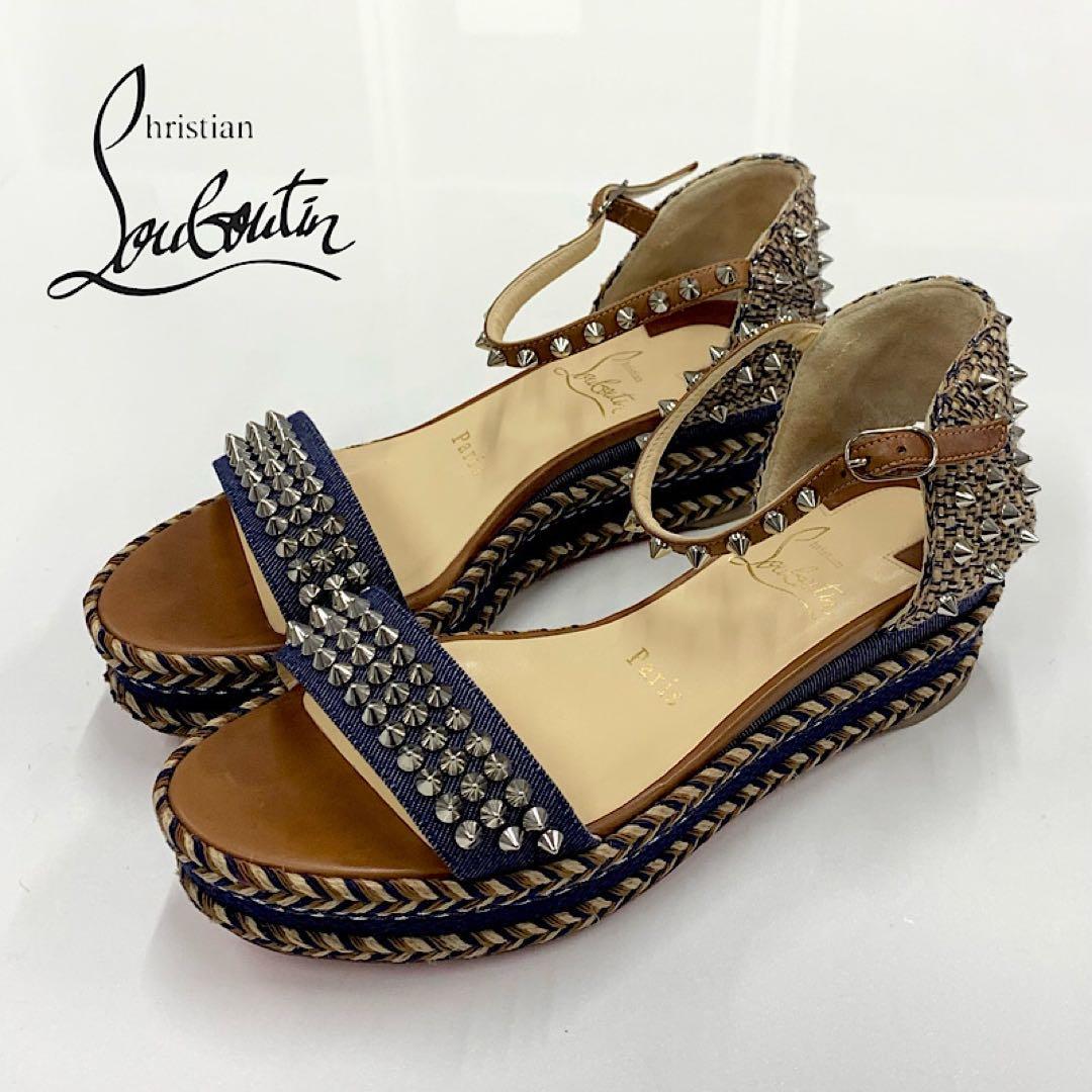 クリスチャンルブタン マドモニカ スパイク デニム サンダル ブラウン系