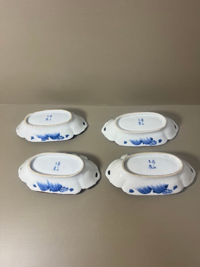2110 明治大正 伊万里 舟形皿 4客　長山文製 染付山水　時代物