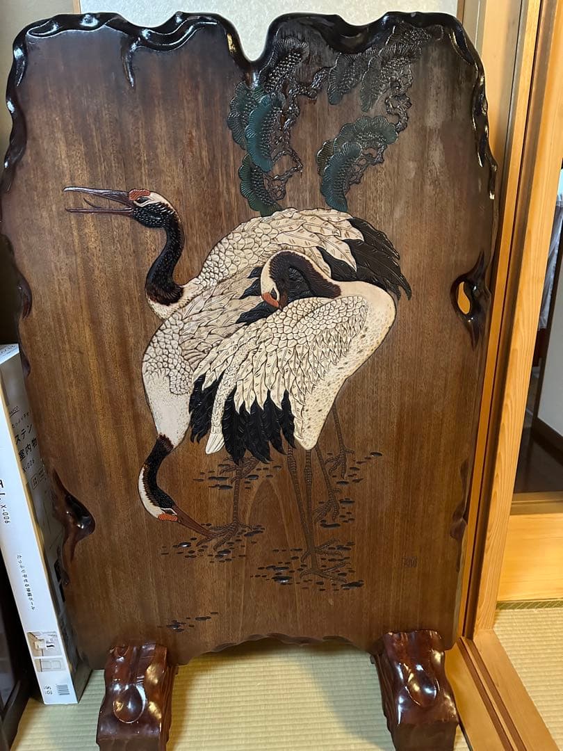 木製鶴彫刻屏風