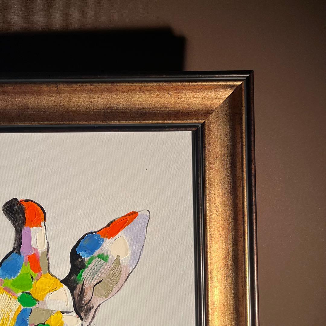 手書き油絵 七色キリン 額付 肉筆絵画 インテリア 油彩画