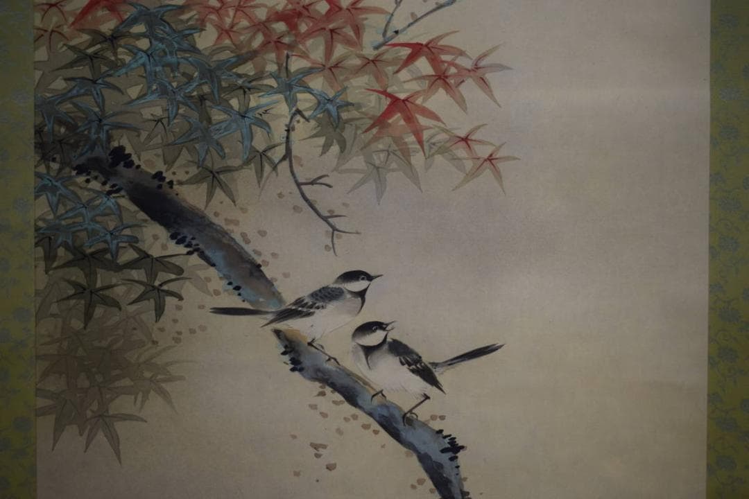 真作/鶴唳/紅葉小禽図/布袋屋掛軸HG-72