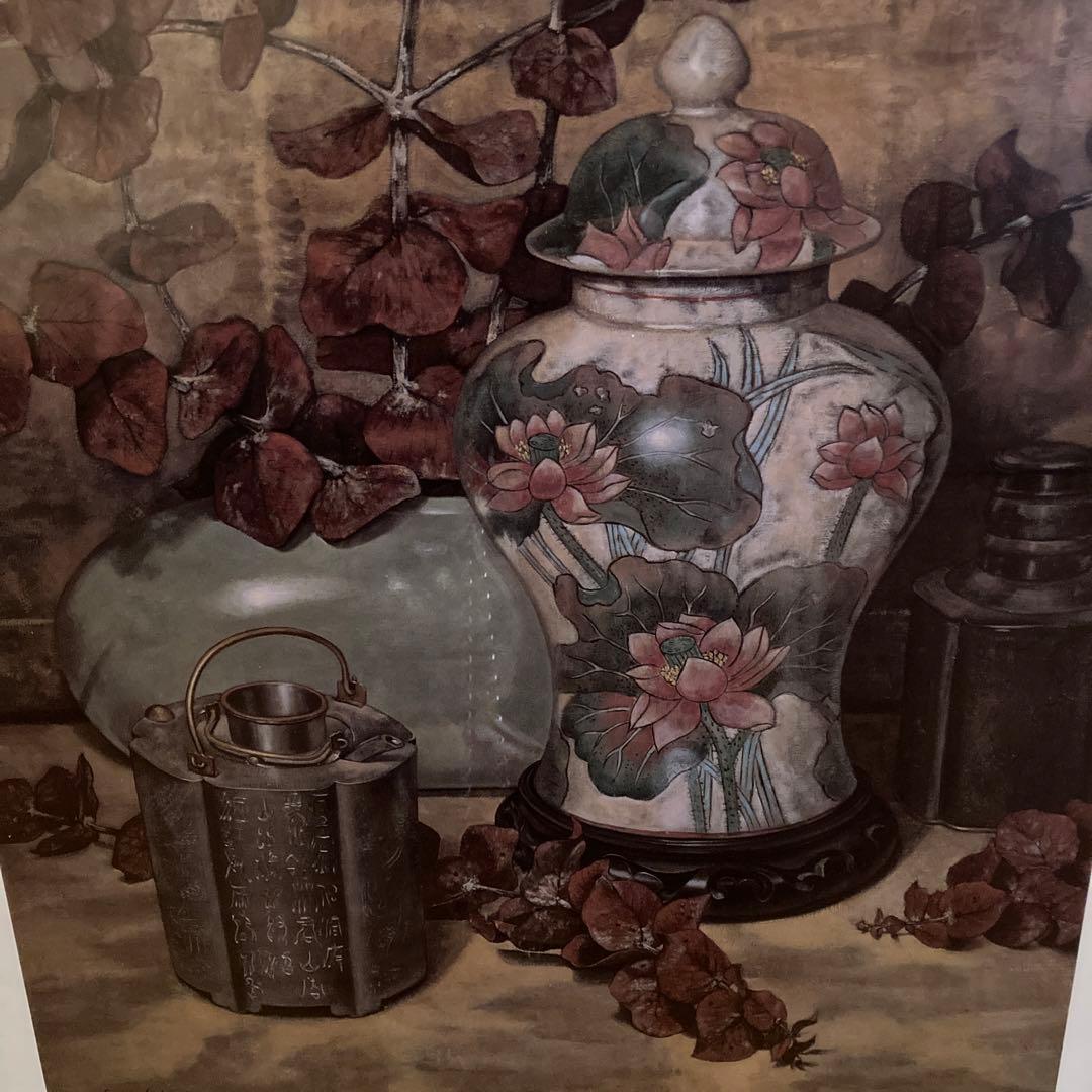 静物画 花瓶と植物 木製フレーム イタリア