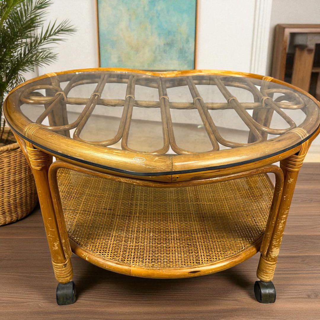 【希少】ハート型　ラタン　ガラス　テーブル　アンティーク　家具　レトロインテリア