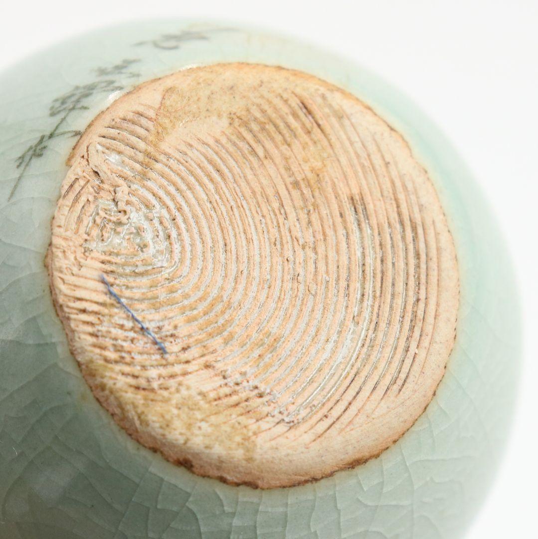 韓国人間文化財 池順鐸作 青磁鶴首茶入 浪の紋緞子仕覆付 茶道具　V903　N9