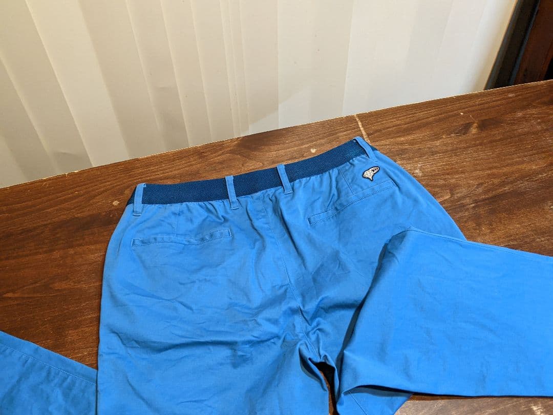 ビームス　ゴルフ　ロングパンツ　ベルトデザイン　ウエストゴム　ストレッチ　青