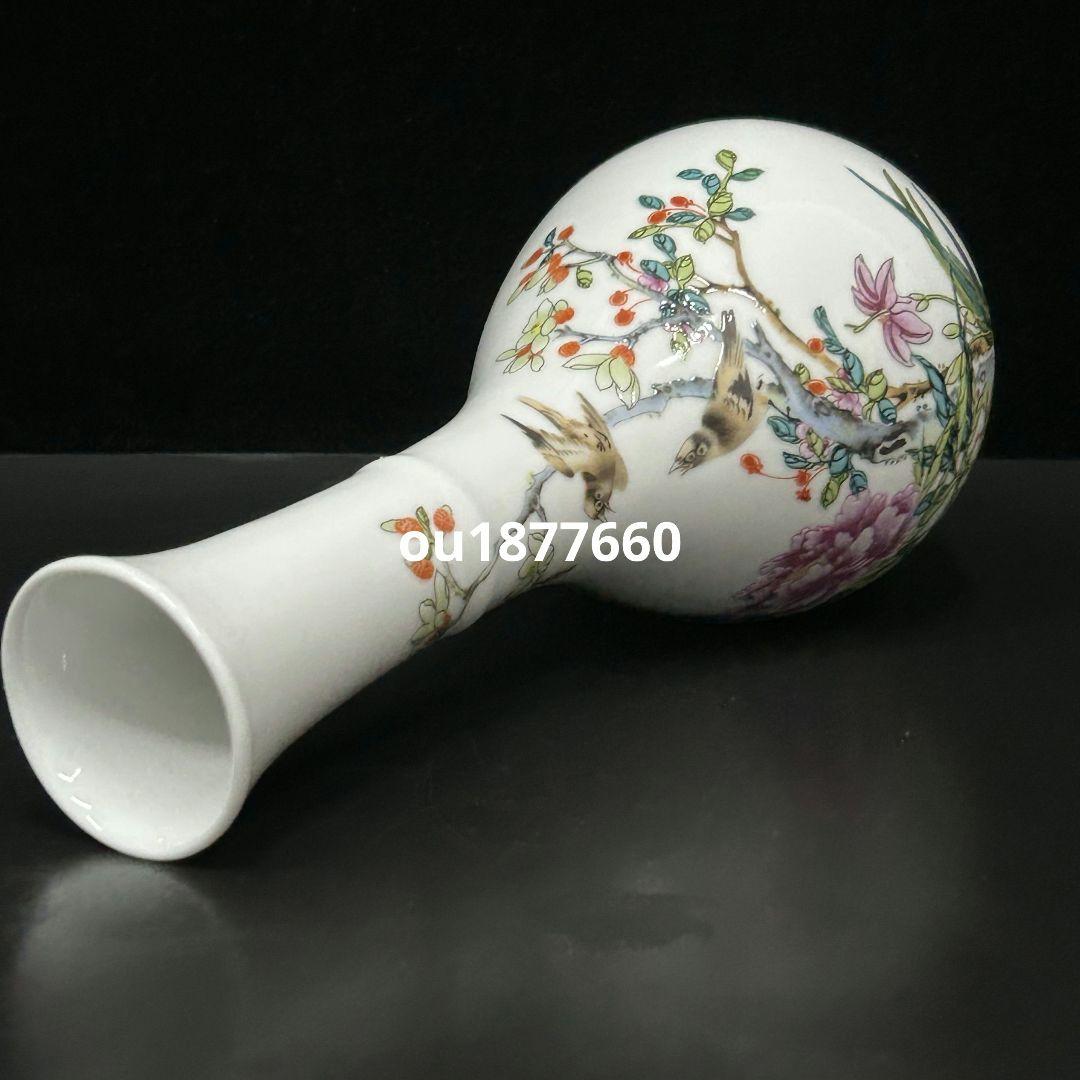 景徳鎮 陶器 粉彩花鳥紋玉壺春瓶 挿花器 装飾品 現代工芸品 美術品 置物