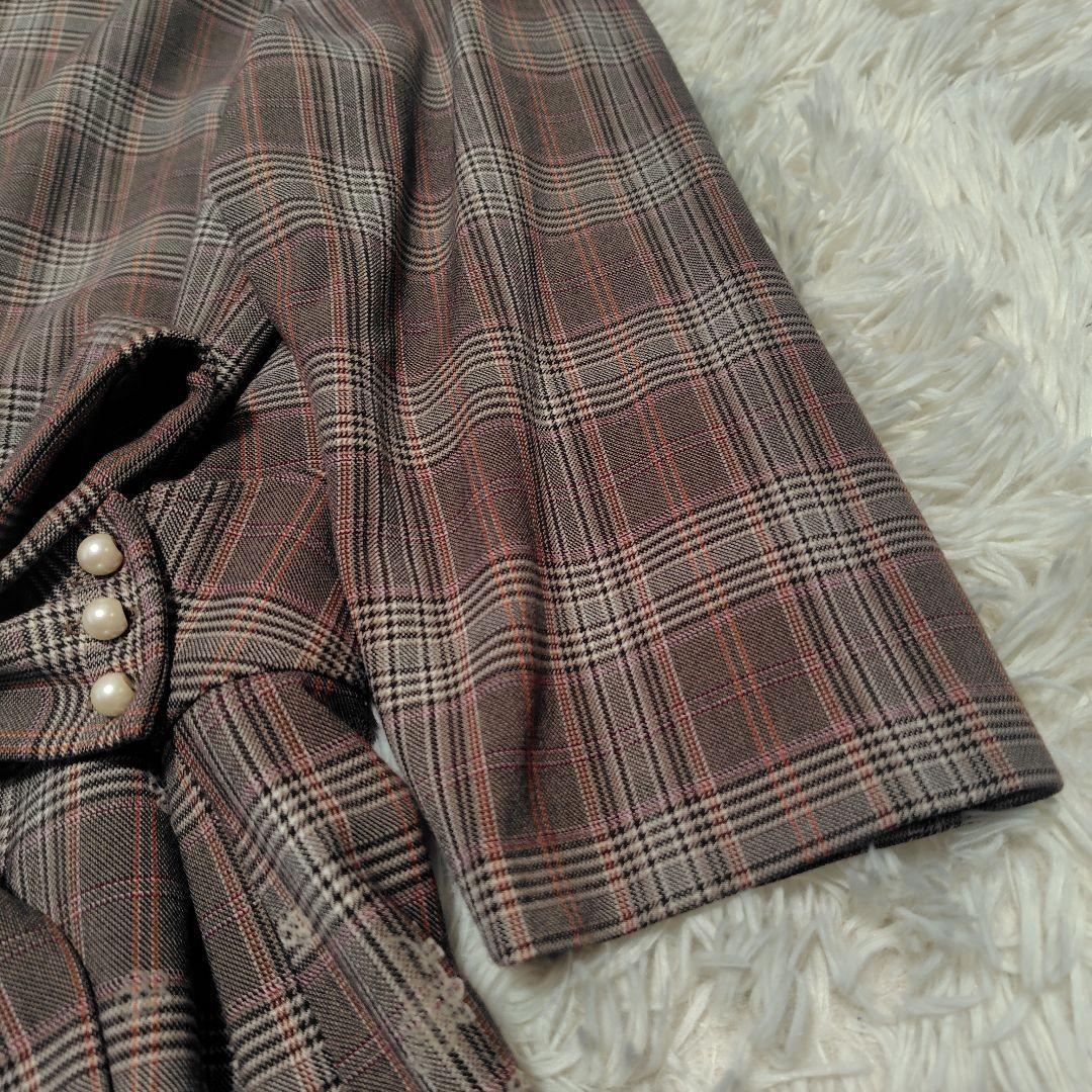 【美品♡希少46】ローズティアラ　チェック&刺繍パール　リボンフレアワンピース