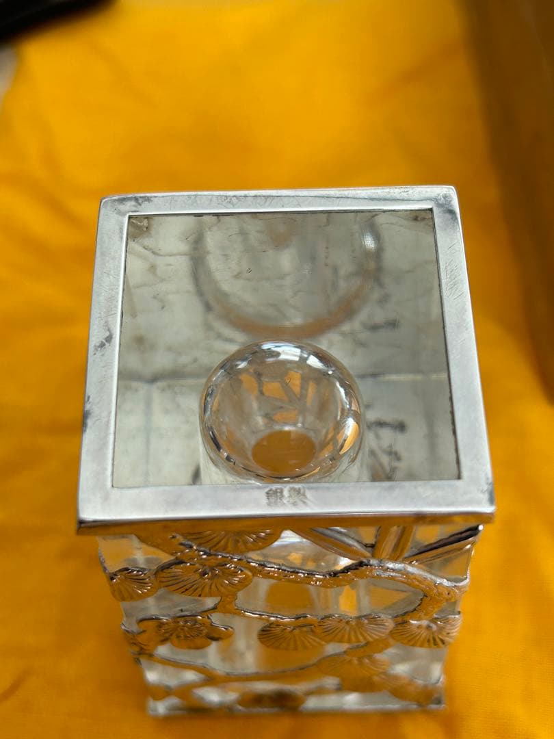 時代 昭和レトロ 銀製 極上細工硝子 松竹梅楊枝入れ 箱付き在銘175g