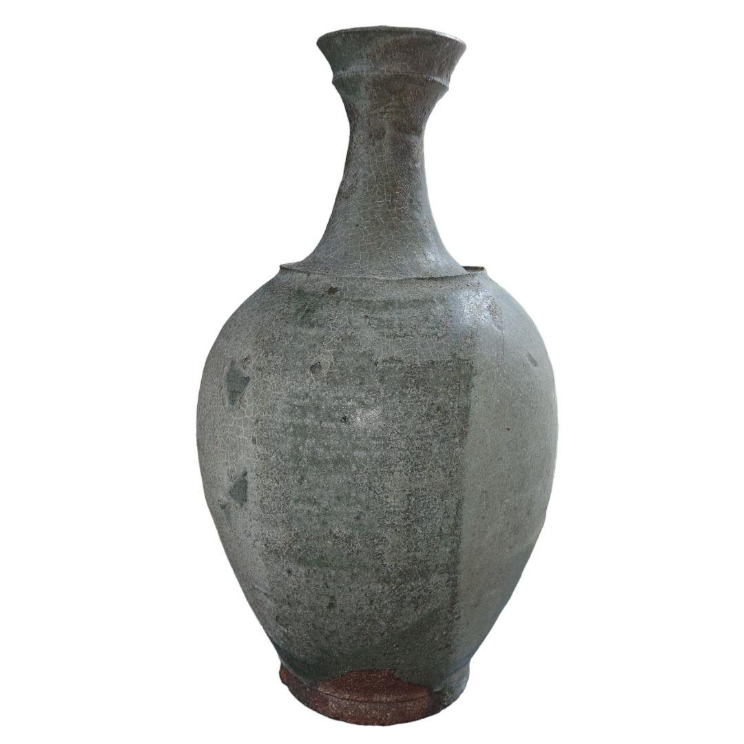 李朝　灰釉突帯付壺　花瓶　置物