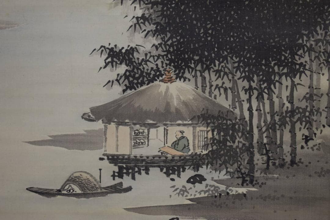 真作/一橋古竹/竹林山水人物図/桐共箱付/布袋屋掛軸HE-301