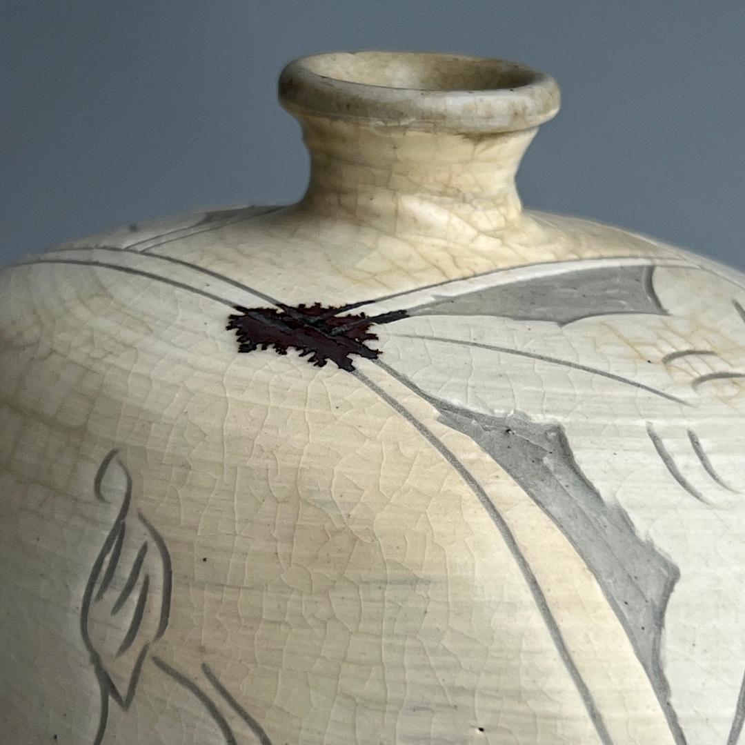 高麗三島刷毛目象嵌魚紋扁壺 李朝高麗コレクター放出品陶磁古玩朝鮮美術A1-48