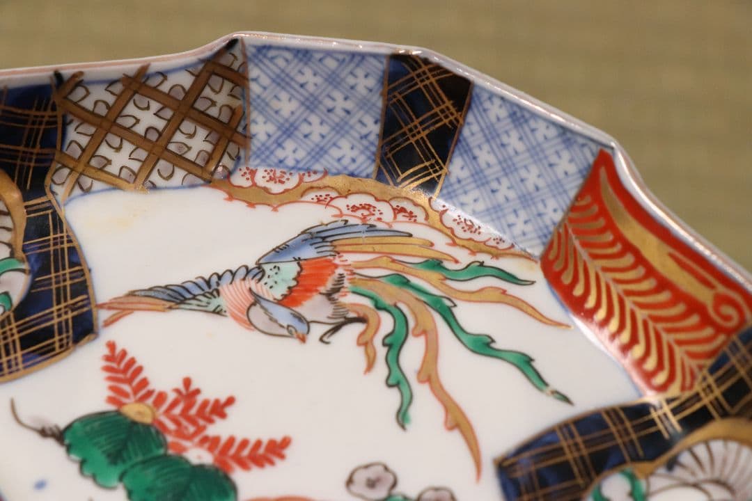 【CM53】古伊万里 桐鳳凰図 変形 刺身皿 五客 鶴 金彩 錦手 菱形 向付