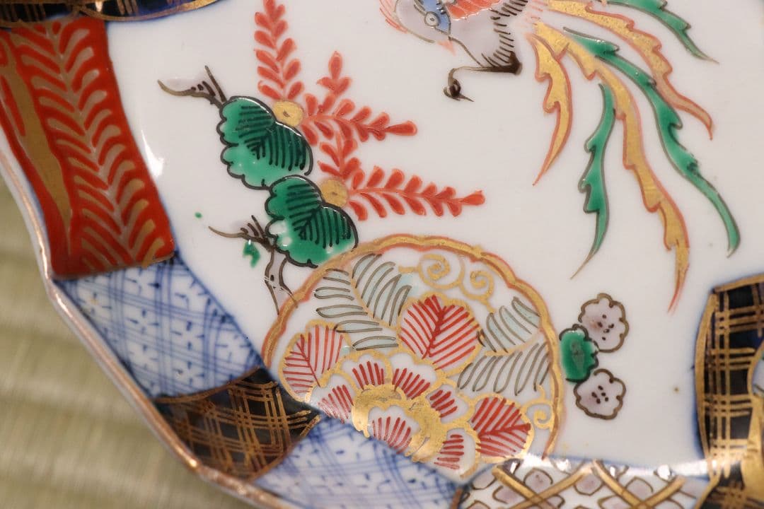 【CM53】古伊万里 桐鳳凰図 変形 刺身皿 五客 鶴 金彩 錦手 菱形 向付