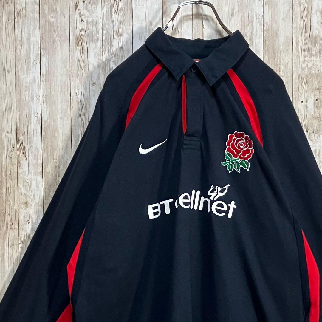 659【90s-00s】NIKE イングランド代表　ラガーシャツ　刺繍ロゴ　XL