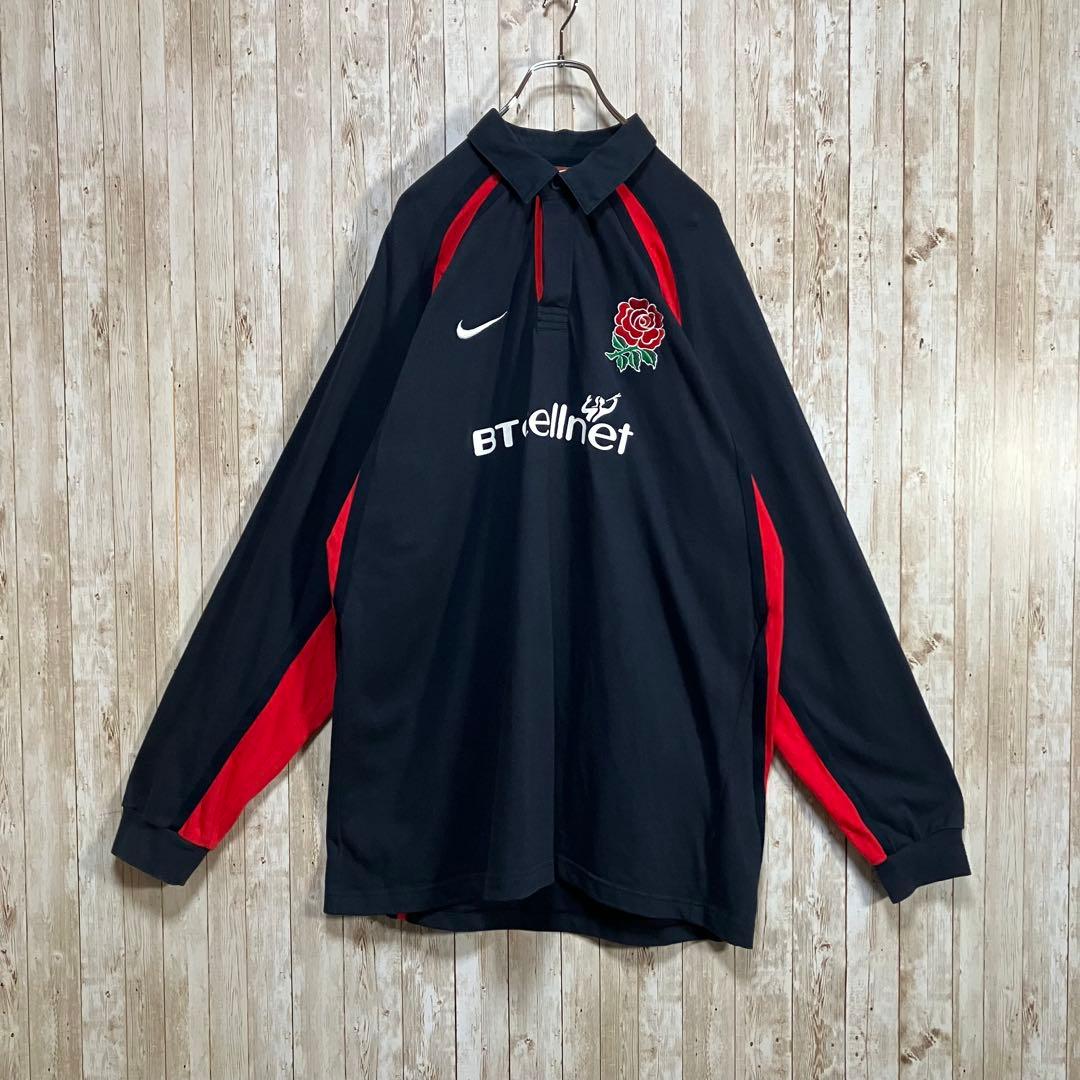 659【90s-00s】NIKE イングランド代表　ラガーシャツ　刺繍ロゴ　XL