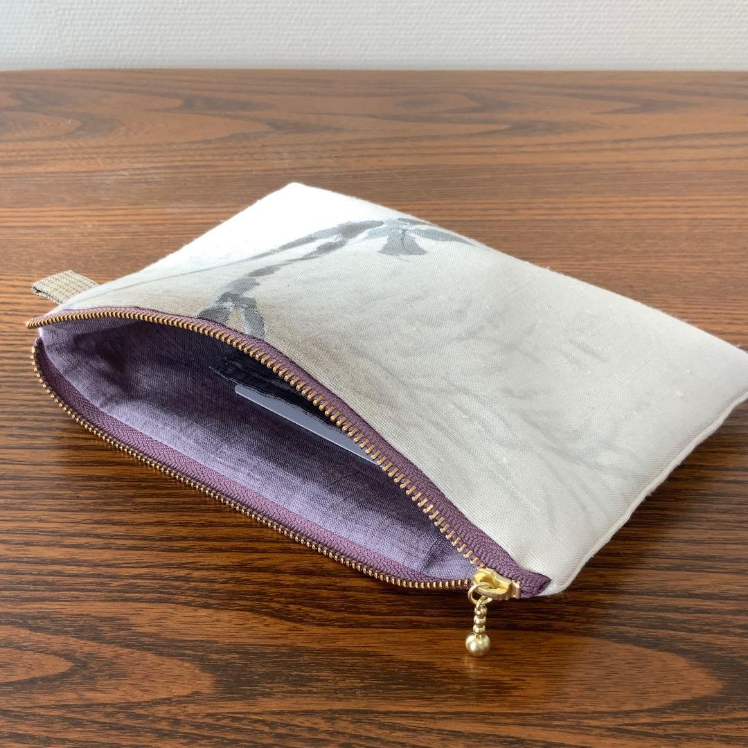 A4サイズ対応　紬帯　手描きの枝桜　リメイク　バンブーハンドルバッグ　ポーチ付き