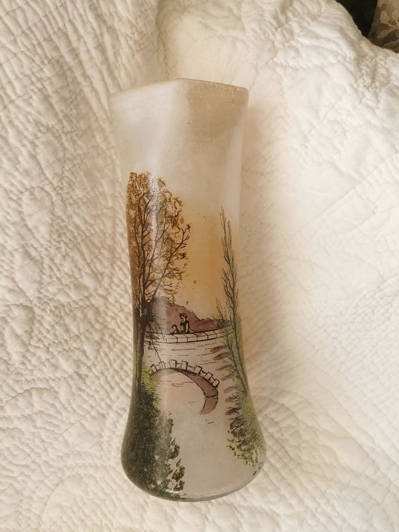 アンティーク ルグラ 橋上の母娘 ≒29㎝大型ガラス花瓶 アールヌーヴォー手描