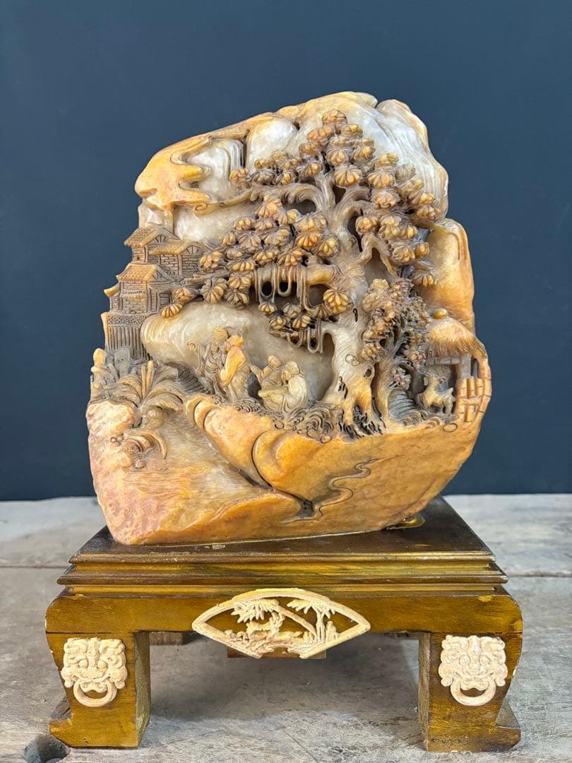 伝世蔵品　清国時代物　天然　寿山石 極細工彫刻　精緻な透かし彫りアンティーク逸品