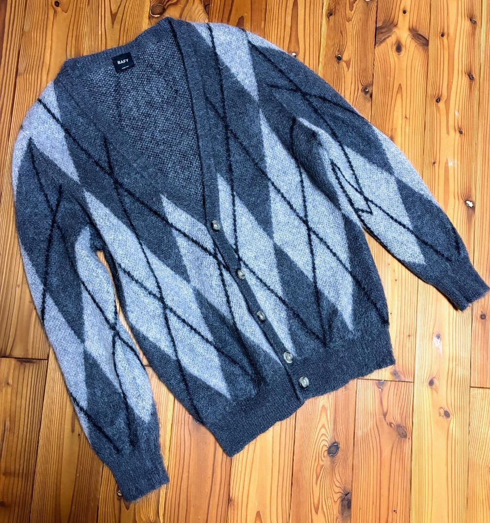 に*ょ様 BAFY モヘヤウールミドルゲージアーガイル柄ニットカーディガン 48